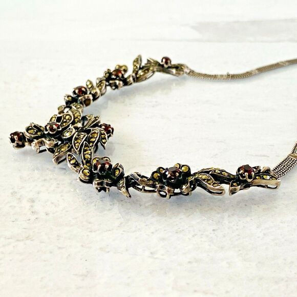 Gorgeous Sterling Silver Marcasite Garnet Necklace 20 In Long January Birthstone - Picture 12 of 16